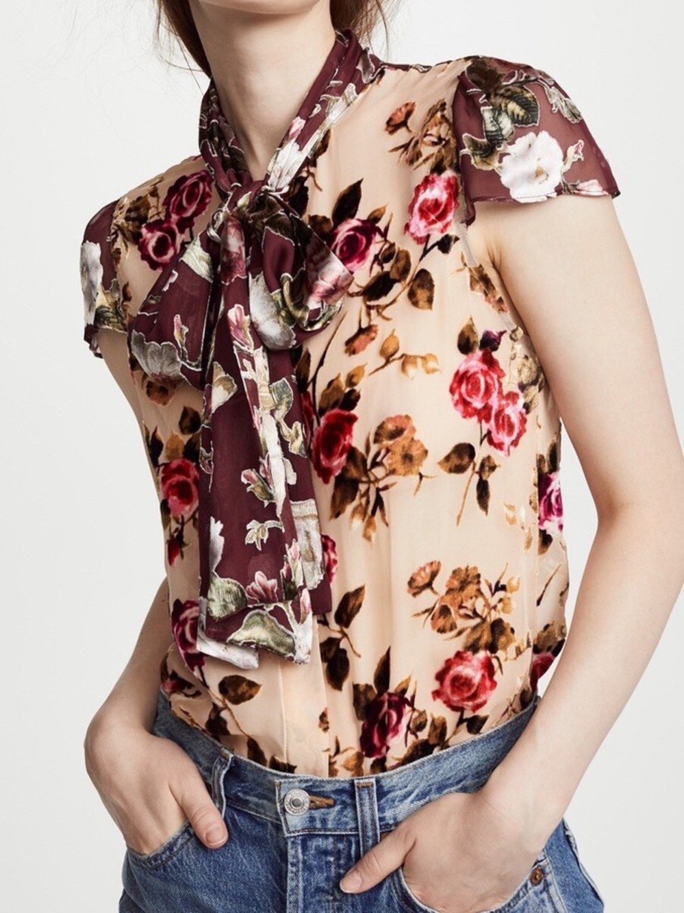 Alice + Olivia Jeannie Floral Burnout Velvet Sheer Bow Collar Blouse Top Silk